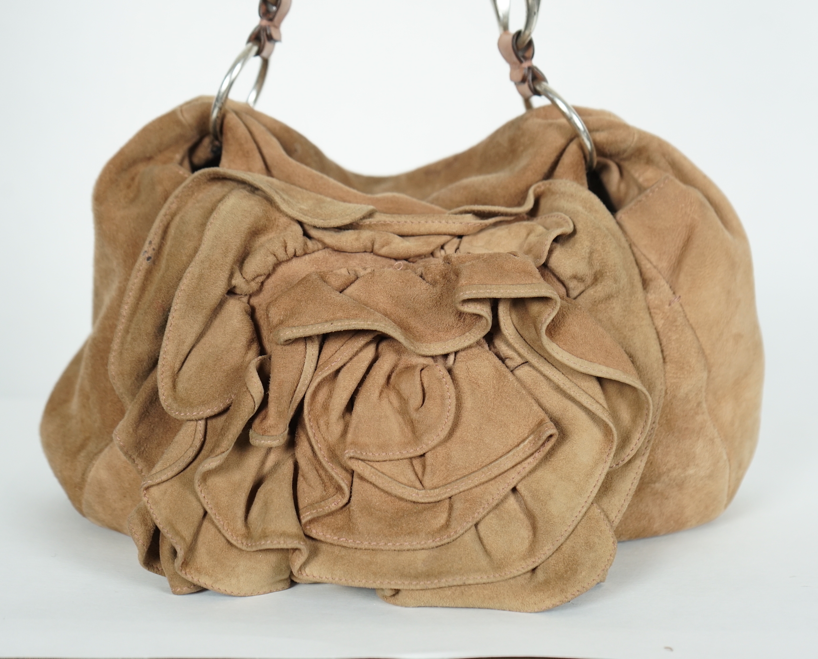 A Yves Saint Laurent rive gauche camel/ sand-brown sueded leather Nadja Rose Petal shoulder bag, designed by Tom Ford, width 36cm, height 33cm, depth 5cm